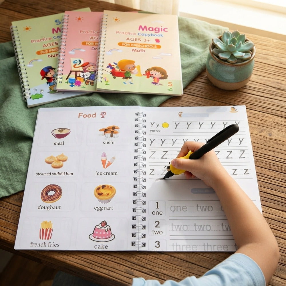 Child practicing handwriting in a Magic Practice Copybook on a wooden desk with forest green and teal accents.