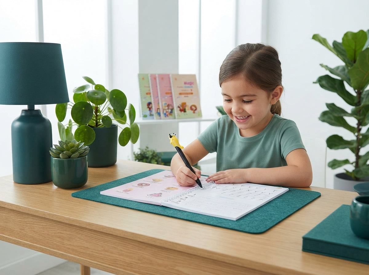 A child writing in a magic practice copybook with fading ink on a desk decorated with teal and green accents.