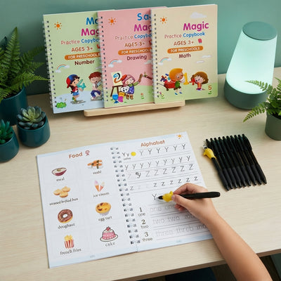 Four Magic Practice Copybooks with ten refill pens on a desk, featuring disappearing ink for handwriting practice.